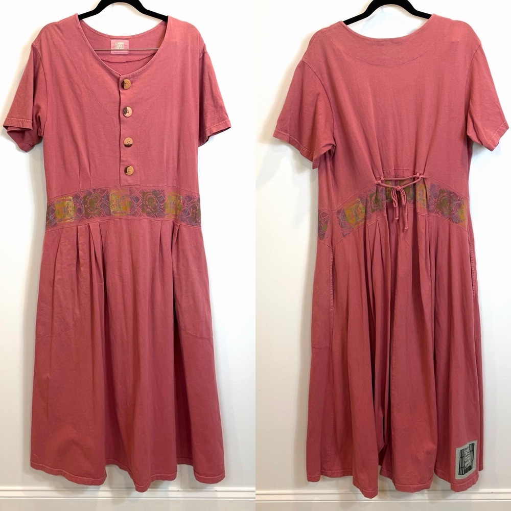 RARE Blue Fish Women Shirt Dress Maxi Pink Lagenlook Short‎ Sleeve Floral VTG